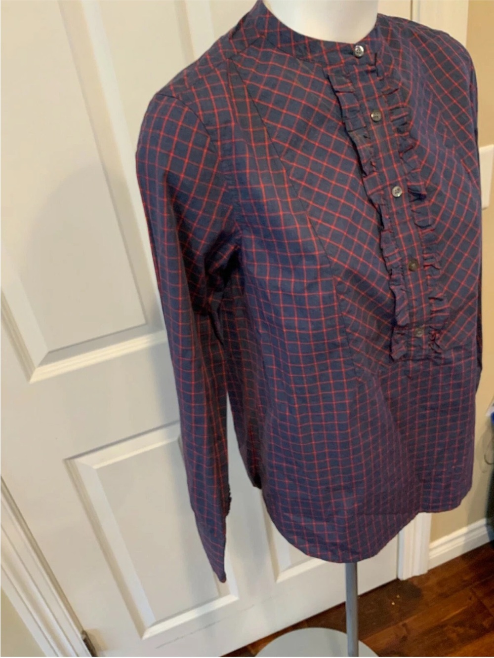 J. Crew Blue/Red Windowpane Plaid Ruffle Placket Pop-Over Shirt, Size 2 - Picture 3 of 5